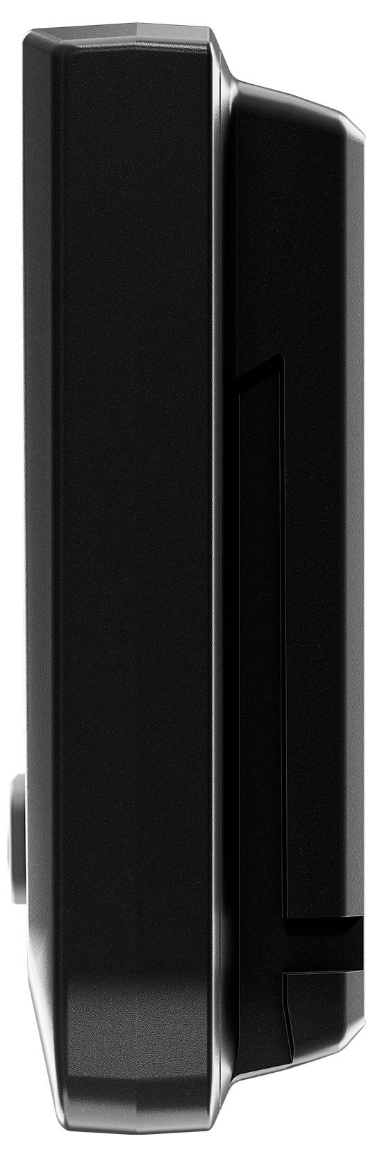 Černé elektronické zařízení z bočního pohledu, ukazující plochý, obdélníkový design.