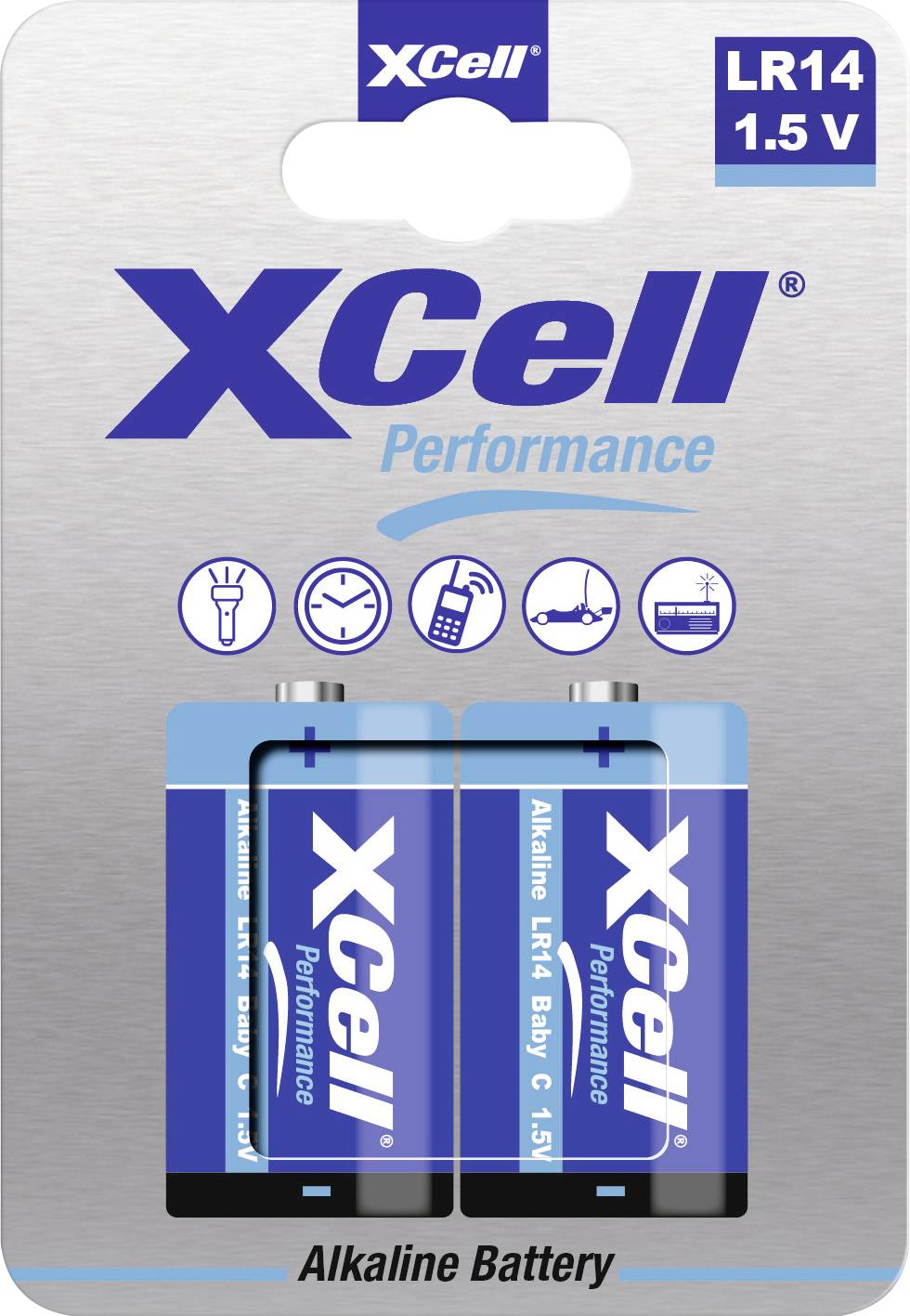 Dva alkalické baterie XCell LR14 1,5V v balení, vhodné pro svítilny, hračky a dálkové ovladače.