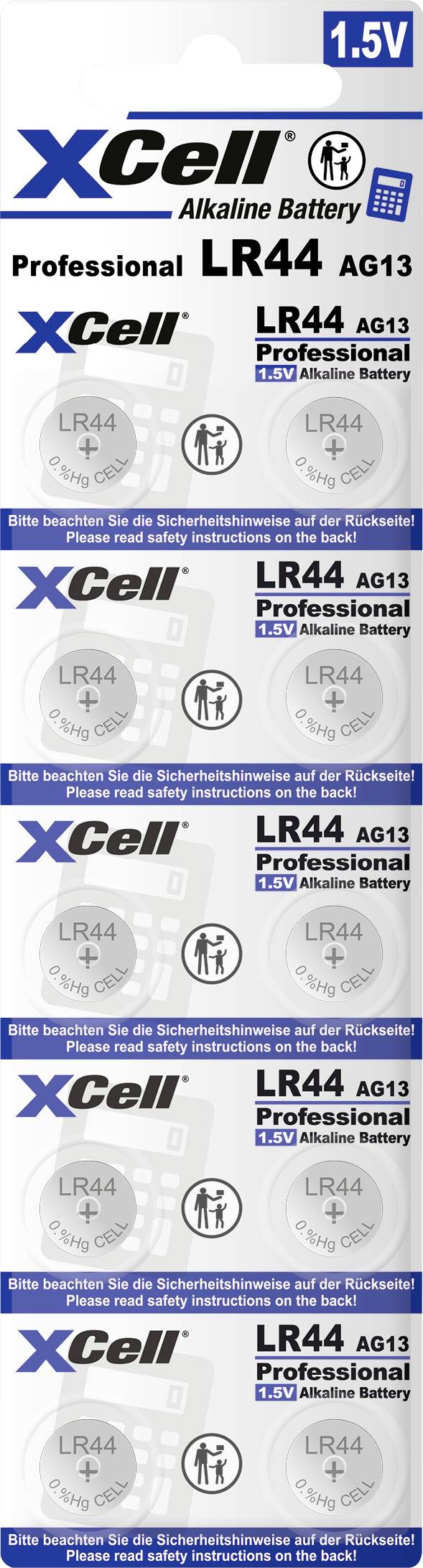 Na obalu bateriových článků je napsáno „XCell Alkalická baterie LR44 AG13 Professional". Balení obsahuje šest baterií.