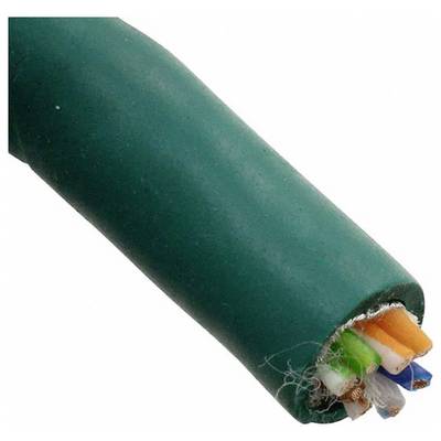 Detailní snímek zeleného ethernetového kabelu s vyříznutým koncem odhalujícím spleté páry barevných vodičů a izolaci.