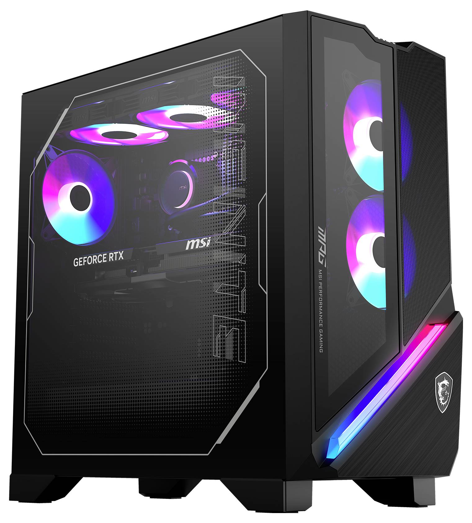 Černá počítačová skříň s průhledným okénkem zobrazuje barevné RGB podsvícení a komponenty uvnitř, mimo jiné včetně grafické karty 'Geforce RTX'.