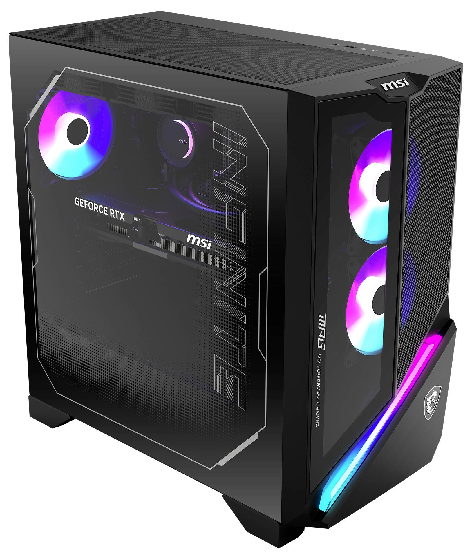 Černá počítačová skříň s průhledným bočním oknem ukazuje RGB podsvícené ventilátory a grafickou kartu 'GEFORCE RTX' uvnitř.