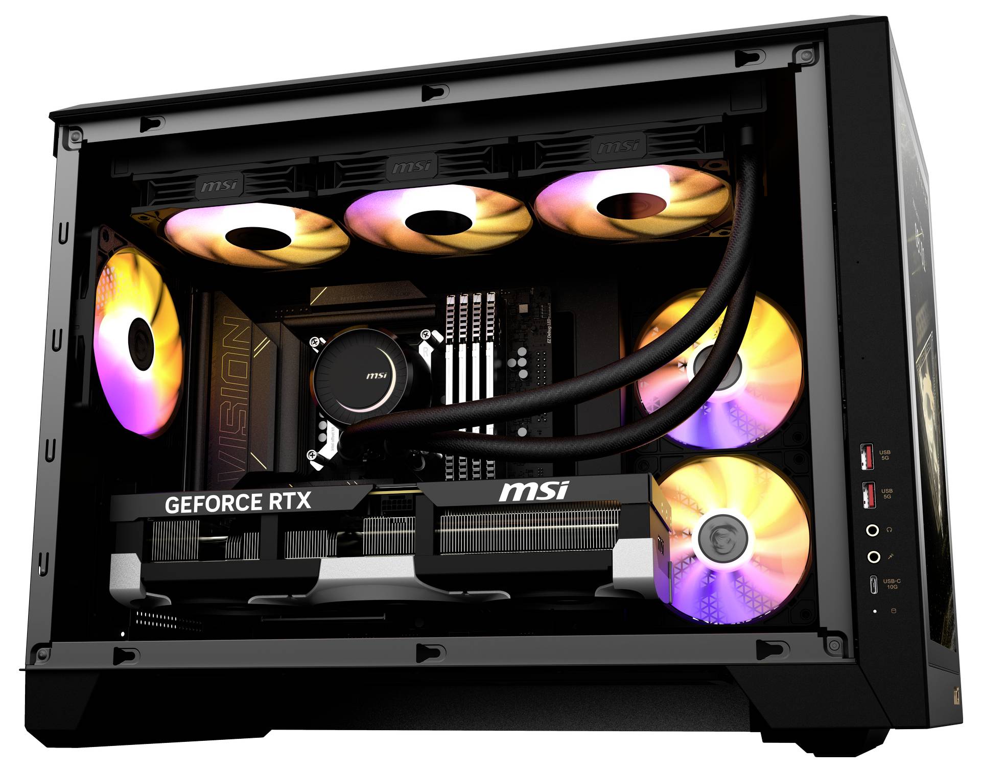 Otevřený počítač ukazuje barevně podsvícené LED ventilátory, grafickou kartu GeForce RTX a komponenty MSI uvnitř tmavého počítačového těla.