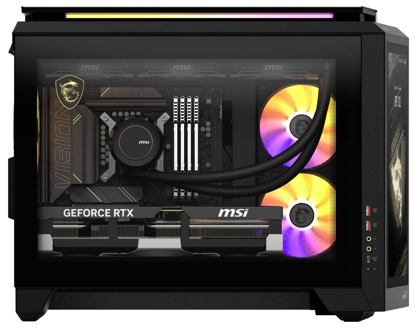 Herní PC skříň s průhlednou boční stěnou. Zobrazuje grafickou kartu RTX, základní desku MSI a barevné RGB ventilátory.