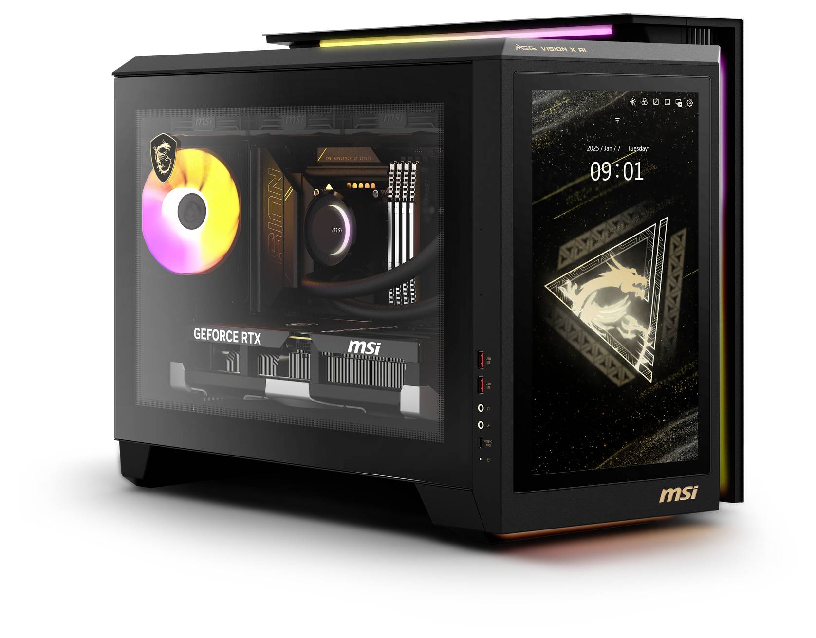Malý herní počítač s průhledným krytem. Jsou viditelné osvětlené ventilátory, grafická karta GeForce RTX a loga MSI.