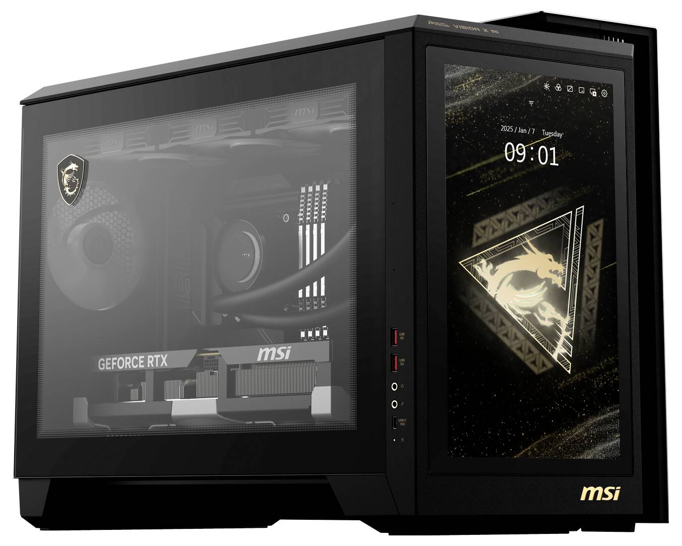 Černý desktopový počítač s průhlednou boční stěnou odhaluje základní desku MSI a grafickou kartu GeForce RTX. Na obrazovce je vidět drak.