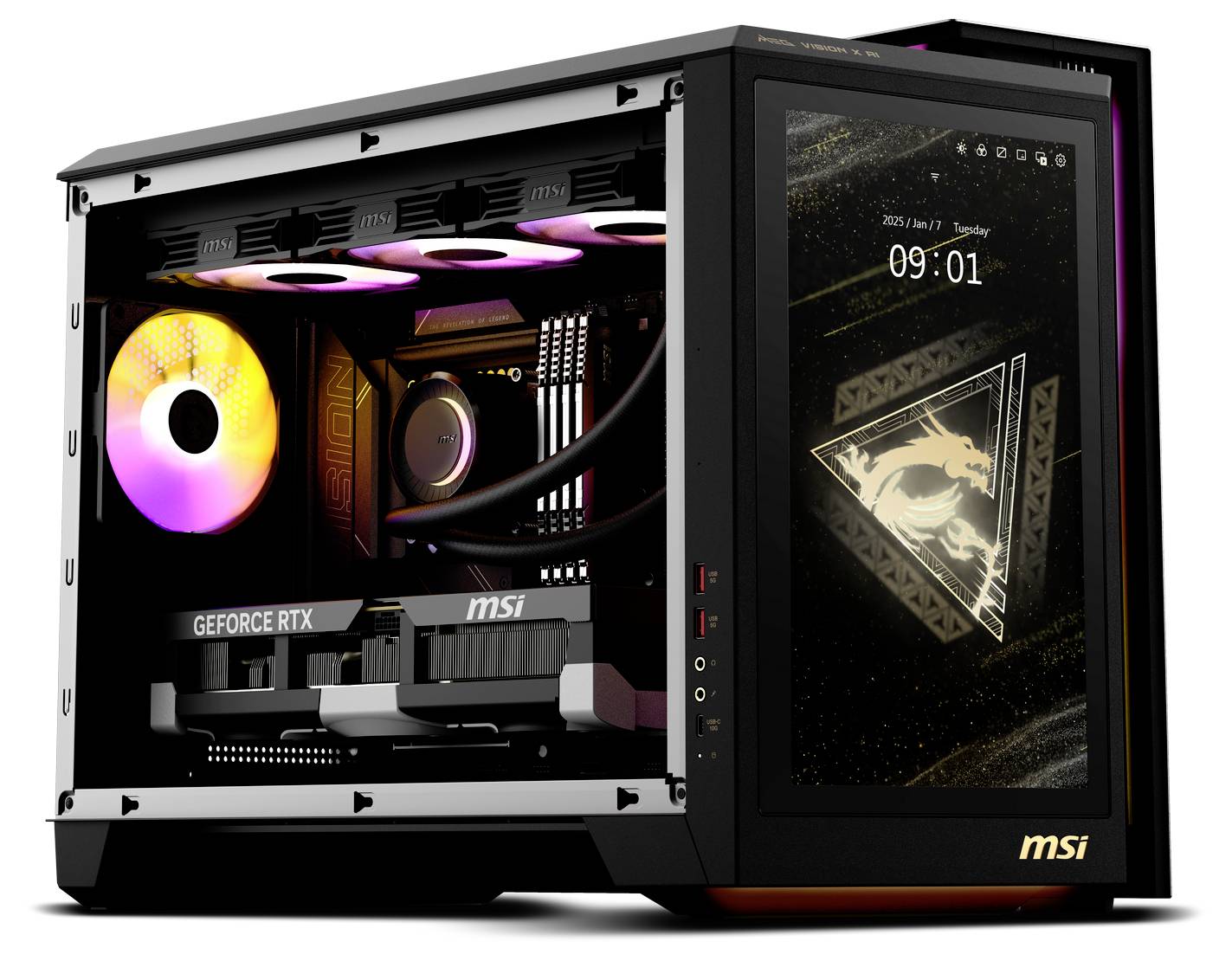 Herní počítač s RGB podsvícením, viditelná je grafická karta GeForce RTX a základní deska MSI. Na obrazovce je zobrazený čas a datum.