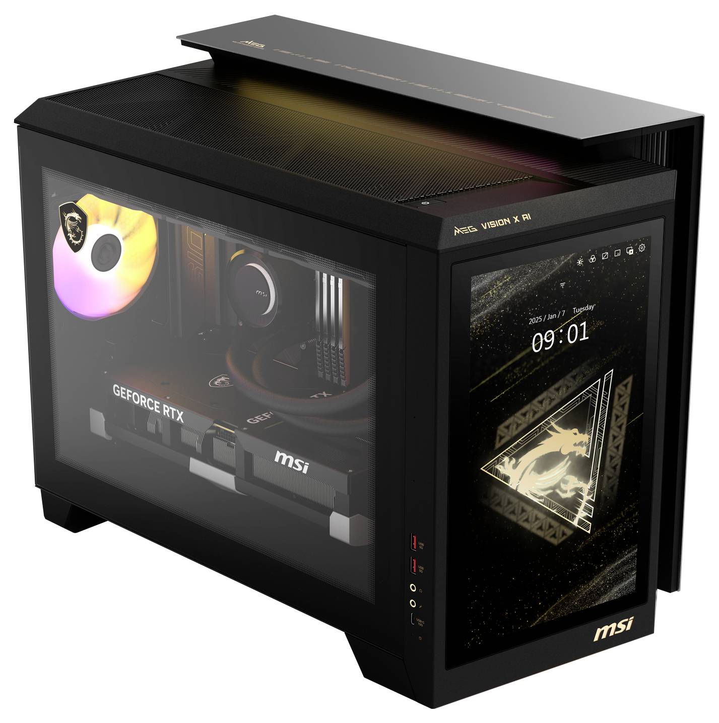 Černý počítačový box MSI s průhlednou boční stranou, zobrazující osvětlenou grafickou kartu 'GeForce RTX' a chladič procesoru, displej s logem draka a časem.