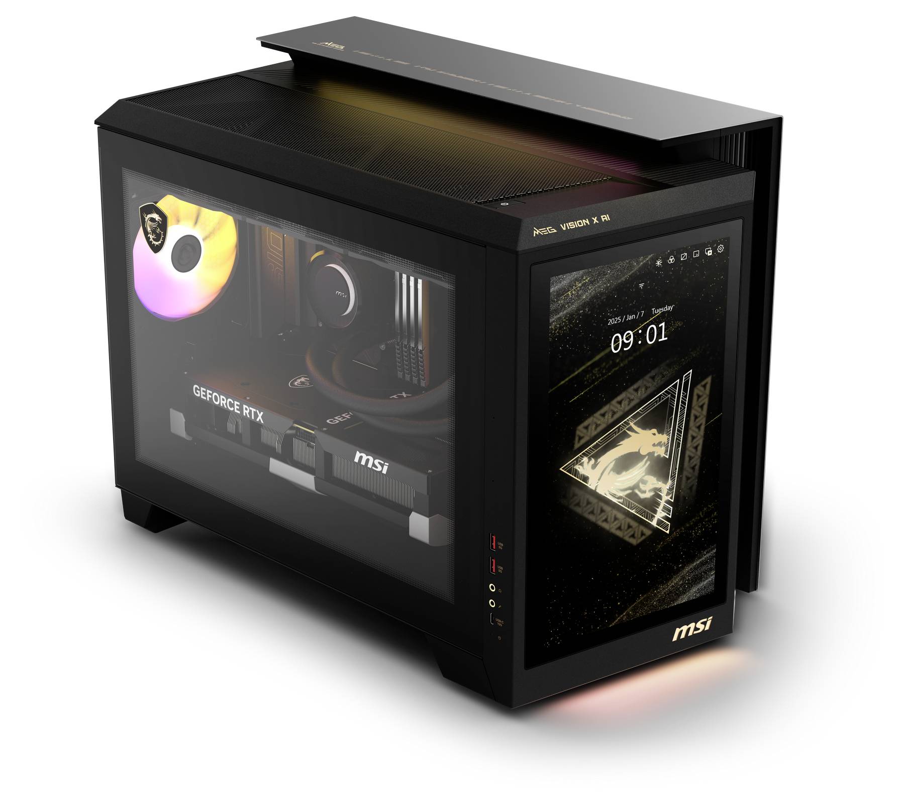 Černý herní počítač s viditelnou grafickou kartou 'GEFORCE RTX' a osvětlenou skříní. Boční displej zobrazuje logo a čas.