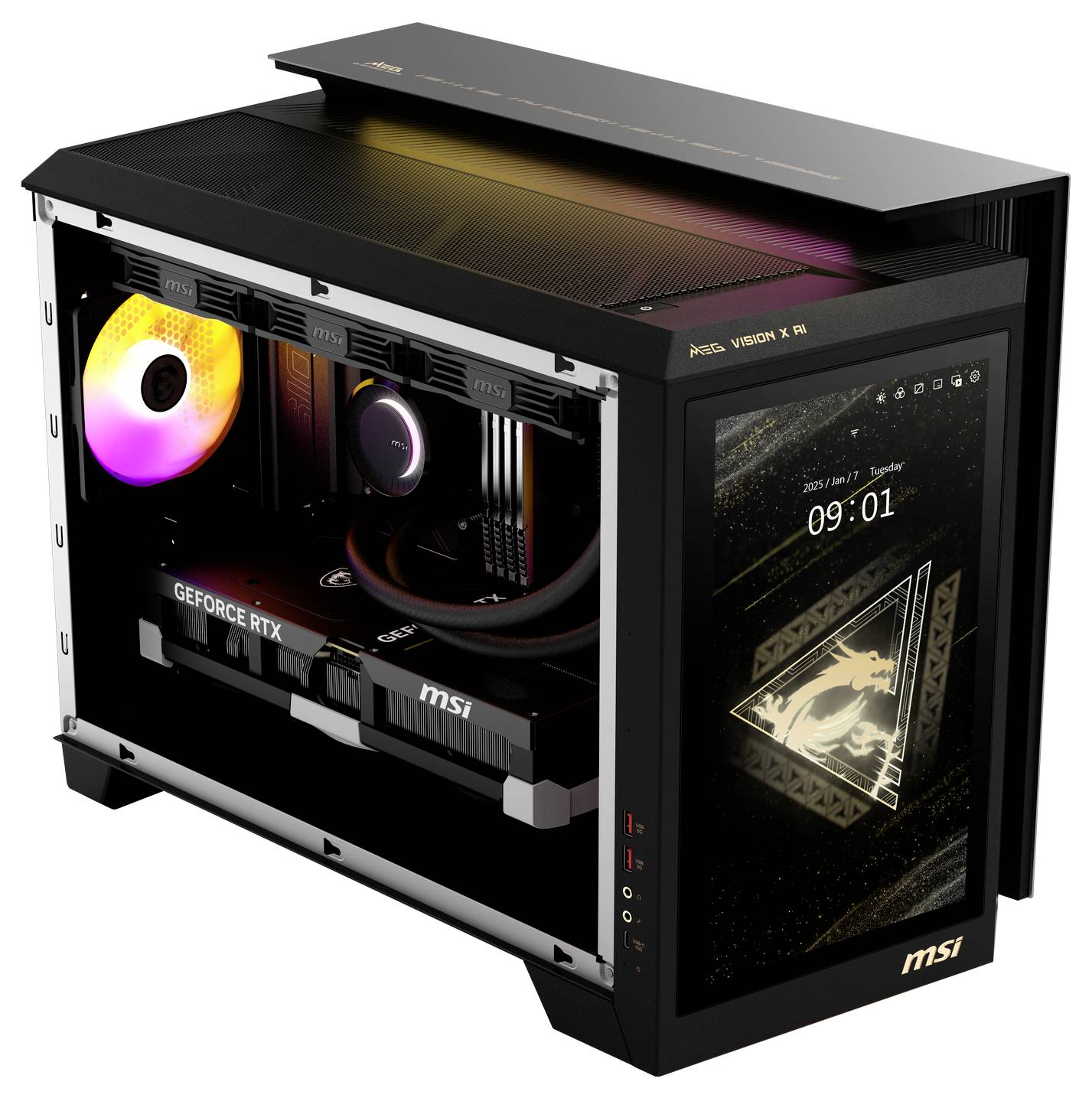 Otevřený herní počítač s LED podsvícením a grafickou kartou GeForce RTX od MSI zobrazuje digitální hodiny na vedlejším monitoru.