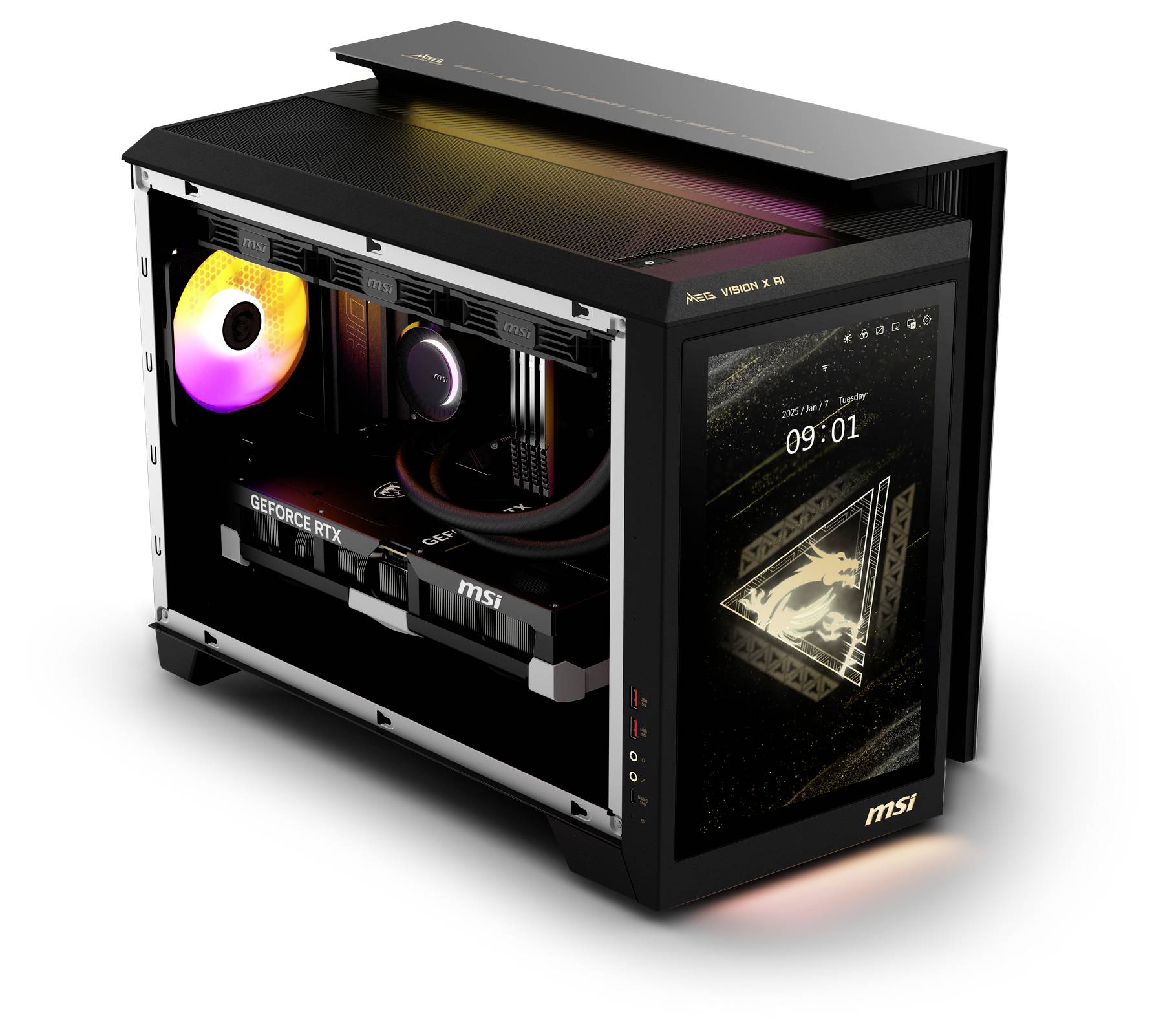 Herní počítač s RGB chlazeným chladičem a grafickou kartou MSI GeForce RTX. Vpravo boční obrazovka s hodinovým displejem.