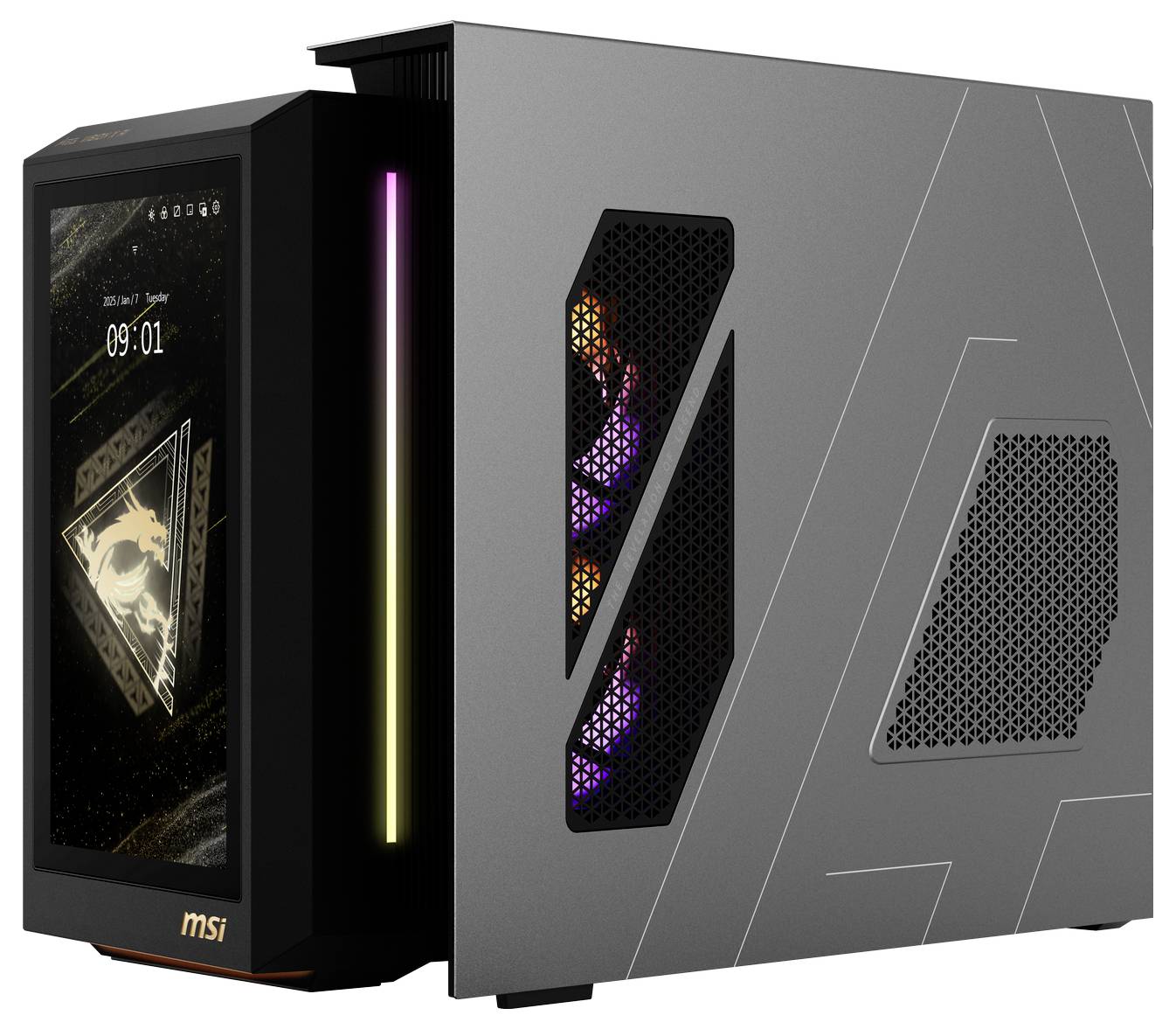 Stříbrný herní počítač MSI Trident X s bočním odvětráním. Zobrazuje RGB světelné efekty a displej s časem.