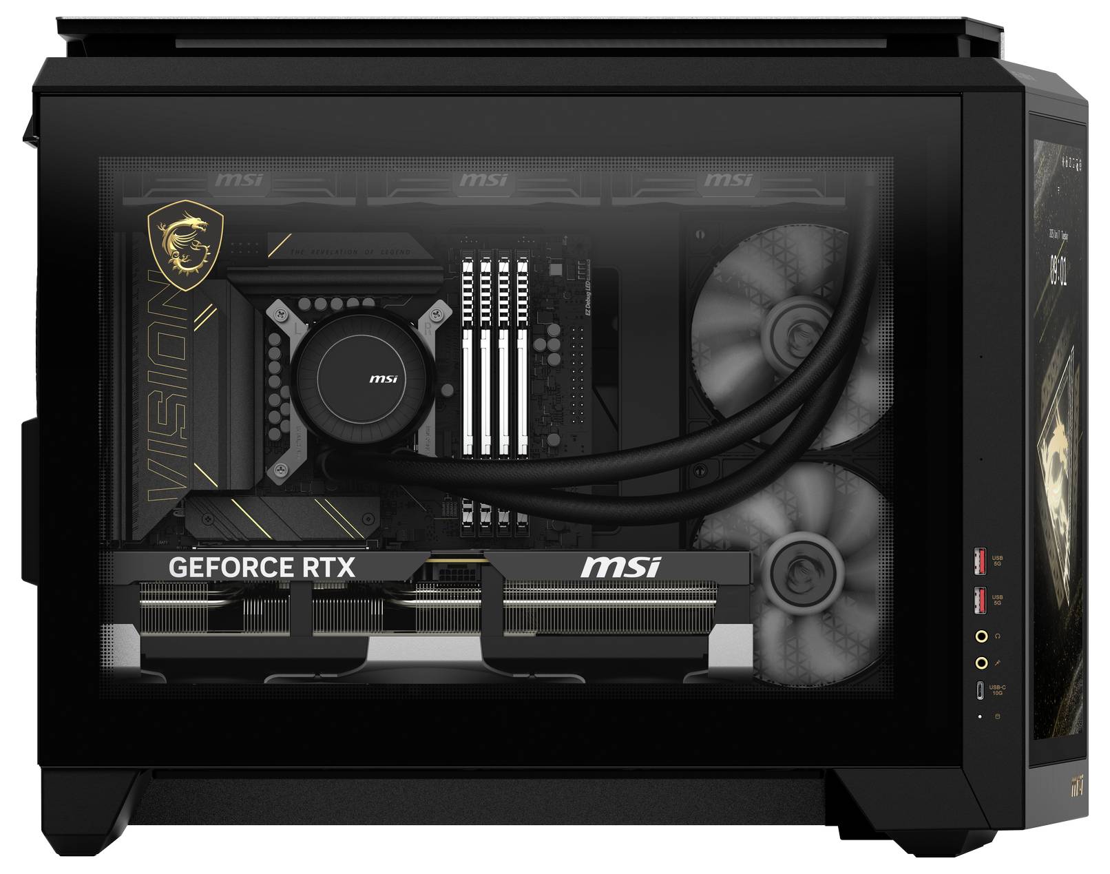 Počítačová skříň s průhledným bočním panelem zobrazuje grafickou kartu s nápisem 'GEFORCE RTX' a dvěma ventilátory.