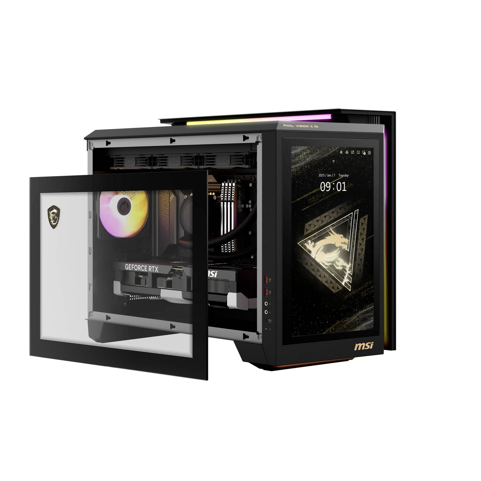 Otevřený herní počítač s osvětlenými komponenty. Na grafické kartě viditelný nápis: 'GeForce RTX'. Monitor zobrazuje 09:01.