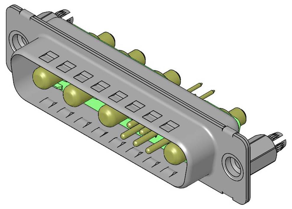 '3D model D-Sub konektoru s piny, pohled shora, ukazující obdélníkový tvar a zlaté kontaktní kolíky.'