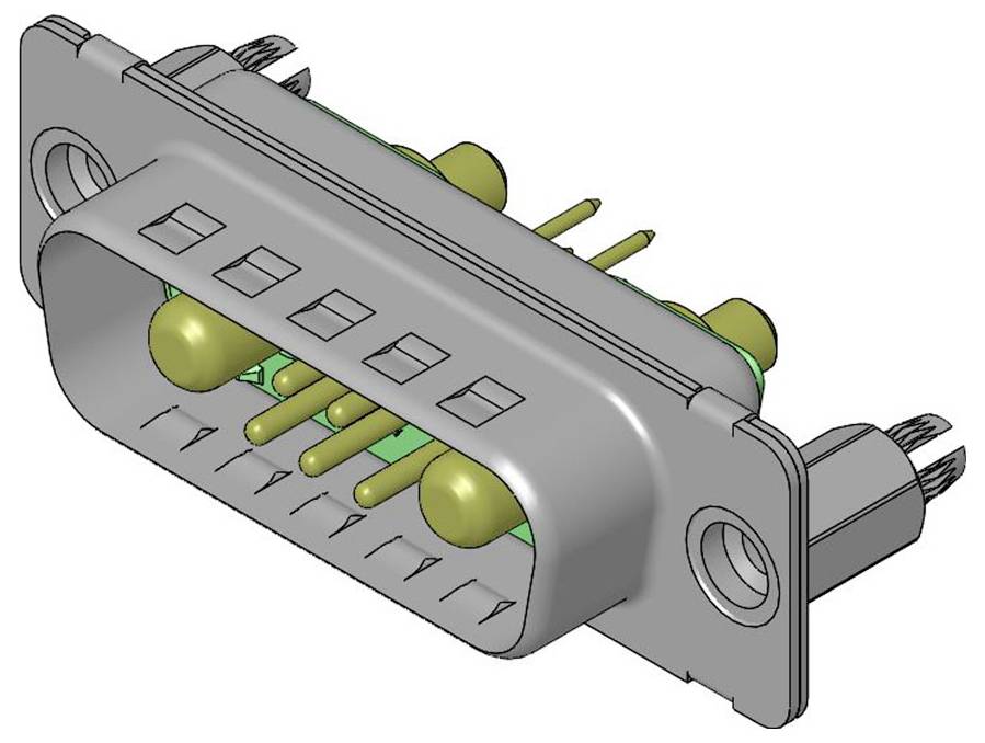3D model konektoru D-Sub s otevřenou zásuvkou a viditelnými kolíky, používaný pro přenos dat v elektronických zařízeních.