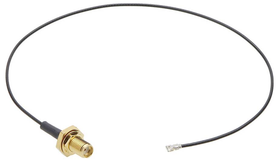 Koaxiální kabel se zlatým konektorem, vhodný pro antény nebo rádiová zařízení. Zobrazuje tenký, flexibilní kabel s konektorem U.FL.