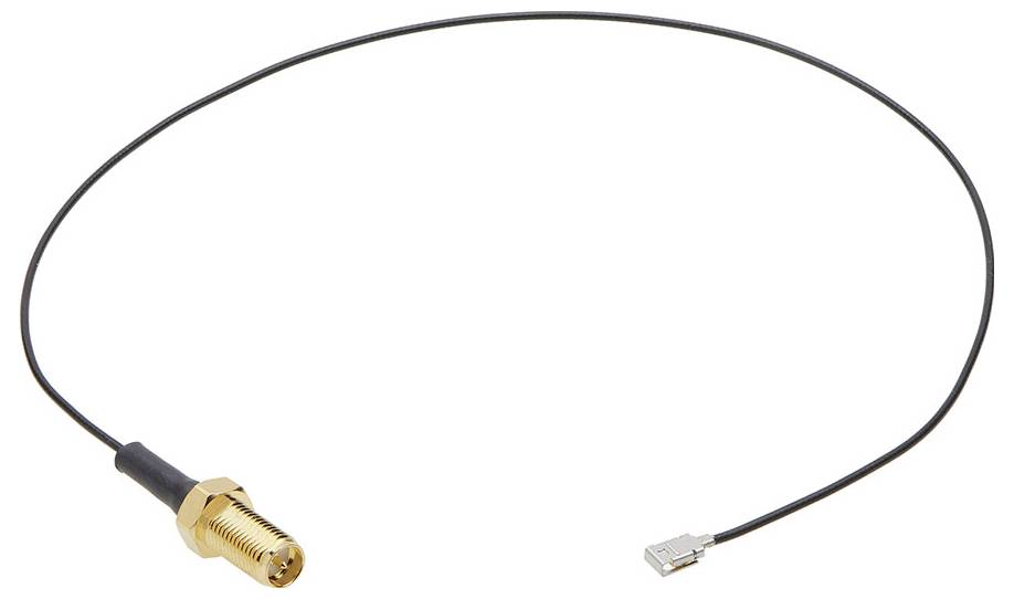 Koaxiální kabel s konektorem SMA na levé straně a konektorem U.FL na straně pravé, vhodný pro RF připojení.