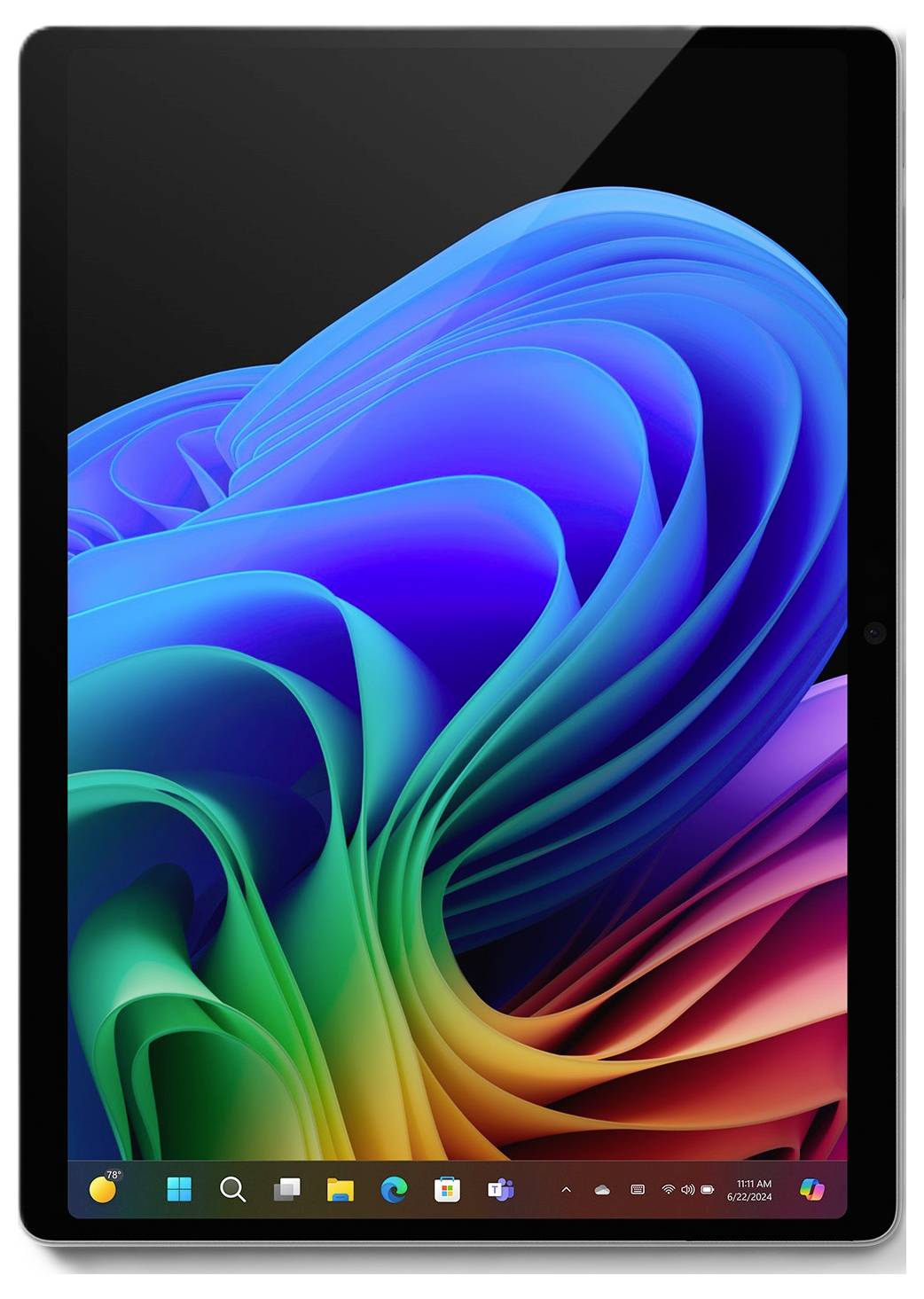 Tablet s abstraktním, barevným pozadím na obrazovce, které zobrazuje kosmický, vířivý vzor v modré, zelené a červené barvě.