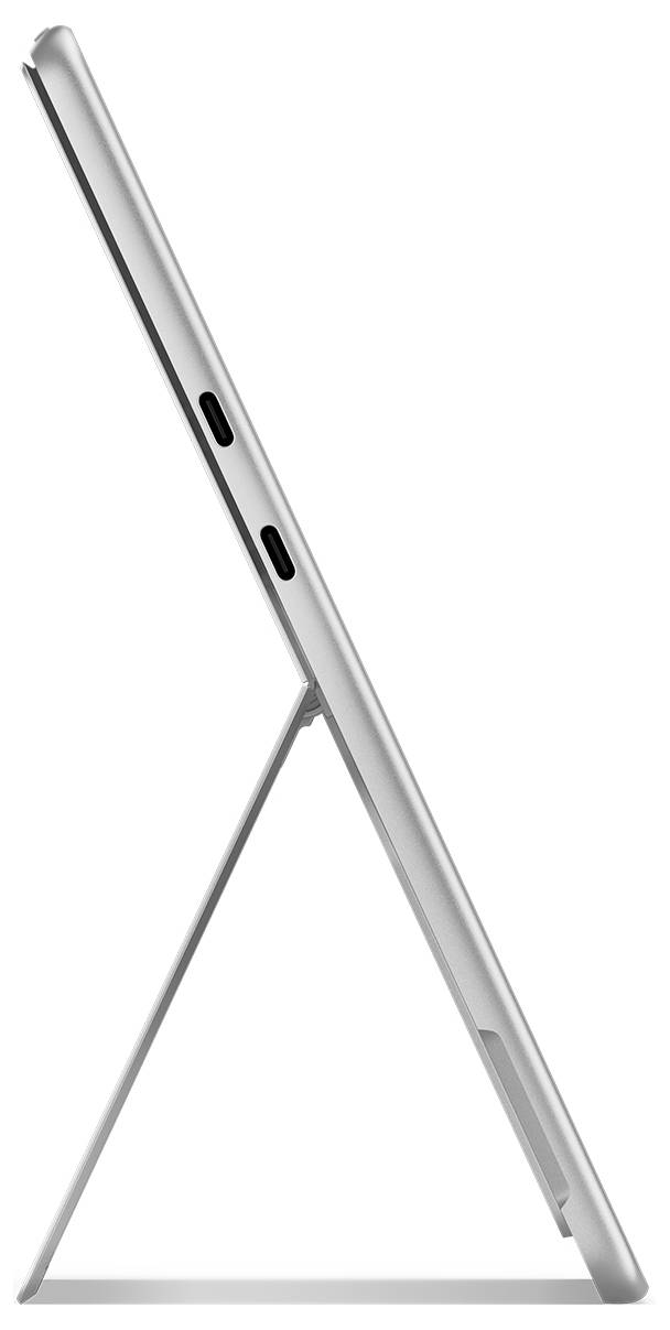 Tablet umístěný na stojánku z profilu, ukazující boční konektory a štíhlý design.