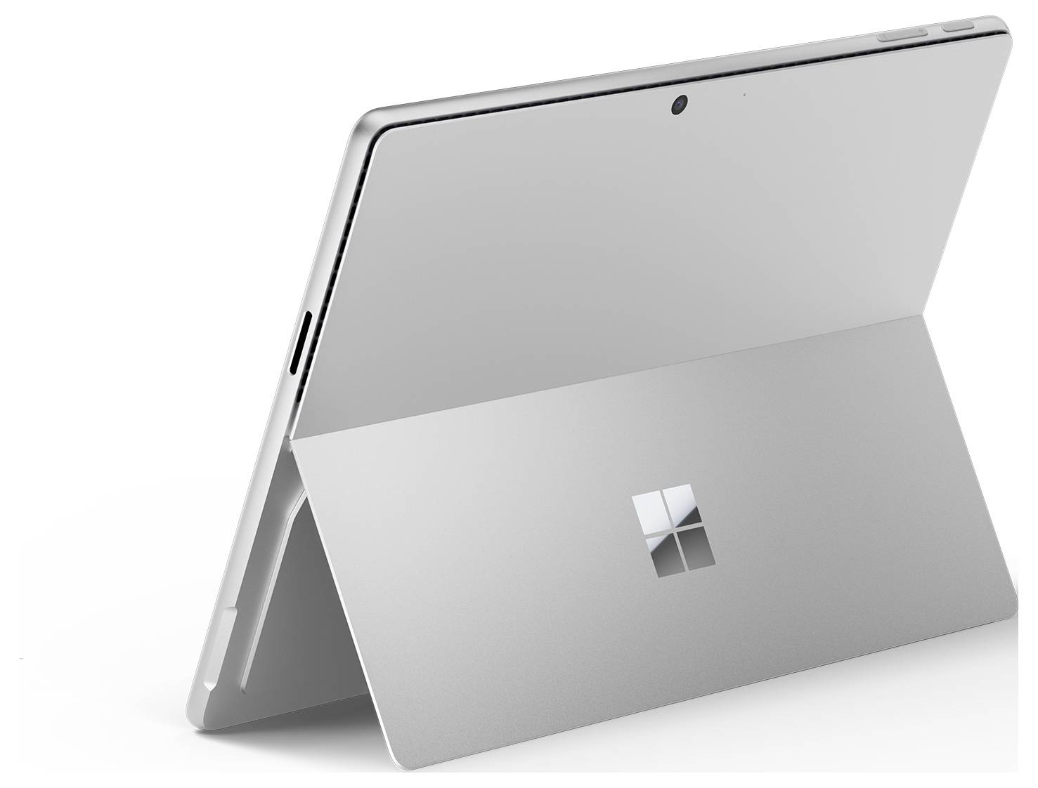 Obrázek zobrazuje moderní tablet se stříbrným zadním krytem a výsuvným stojánkem, který stojí na bílém povrchu.