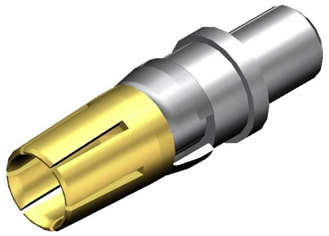 Kovový konektor se stříbrným pouzdrem a zlatými kontaktními kolíky, vhodný pro přesné elektronické spoje.