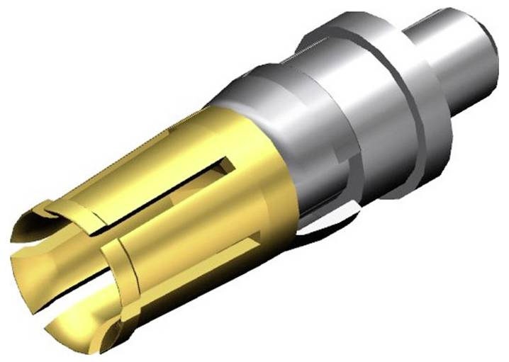 3D model koaxiálního konektoru se zlatým a stříbrným barevným provedením, skládající se z několika válcových sekcí.