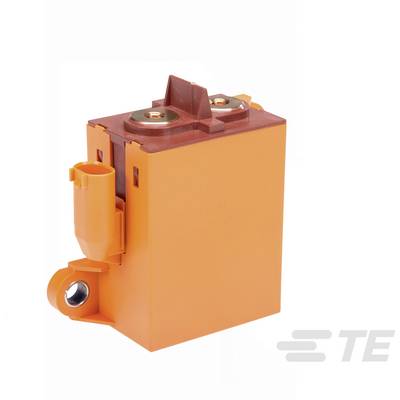 Pomeranče, obdélníková elektrická součástka se dvěma svorkami nahoře. Vpravo dole logo 'TE'.