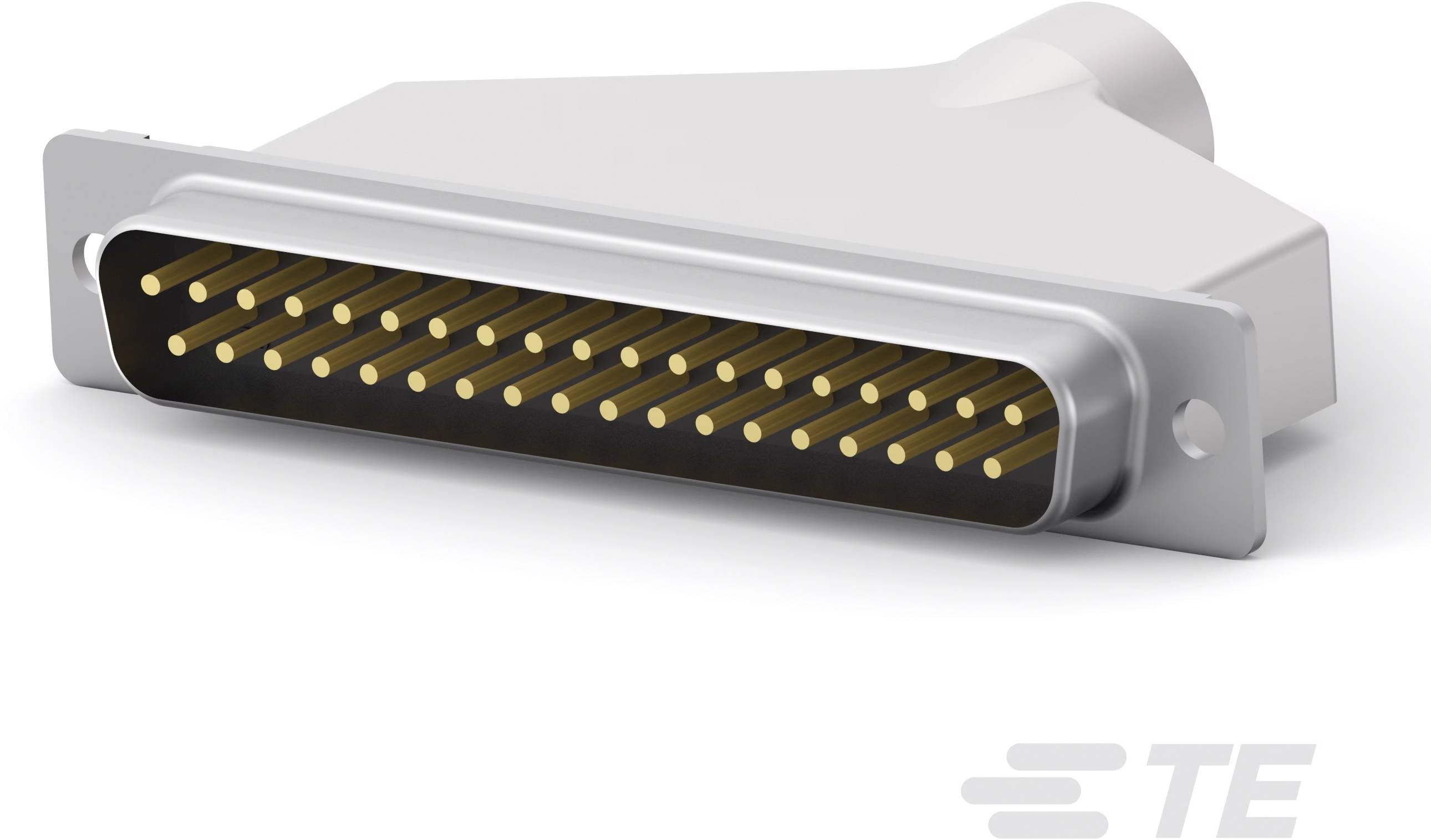 Kovový konektor s mnoha zlatými kolíky, používaný pro přenos dat v elektronických zařízeních.