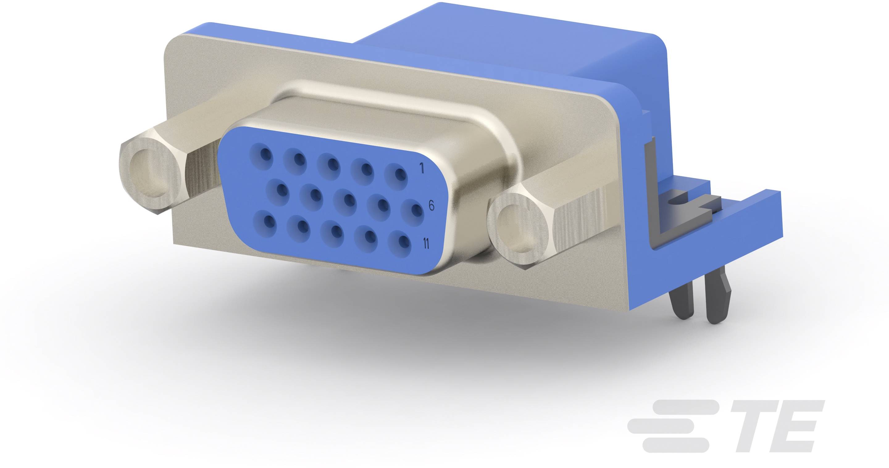 Modrý D-Sub konektor s 15 piny, vhodný pro přenos dat mezi elektronickými zařízeními.