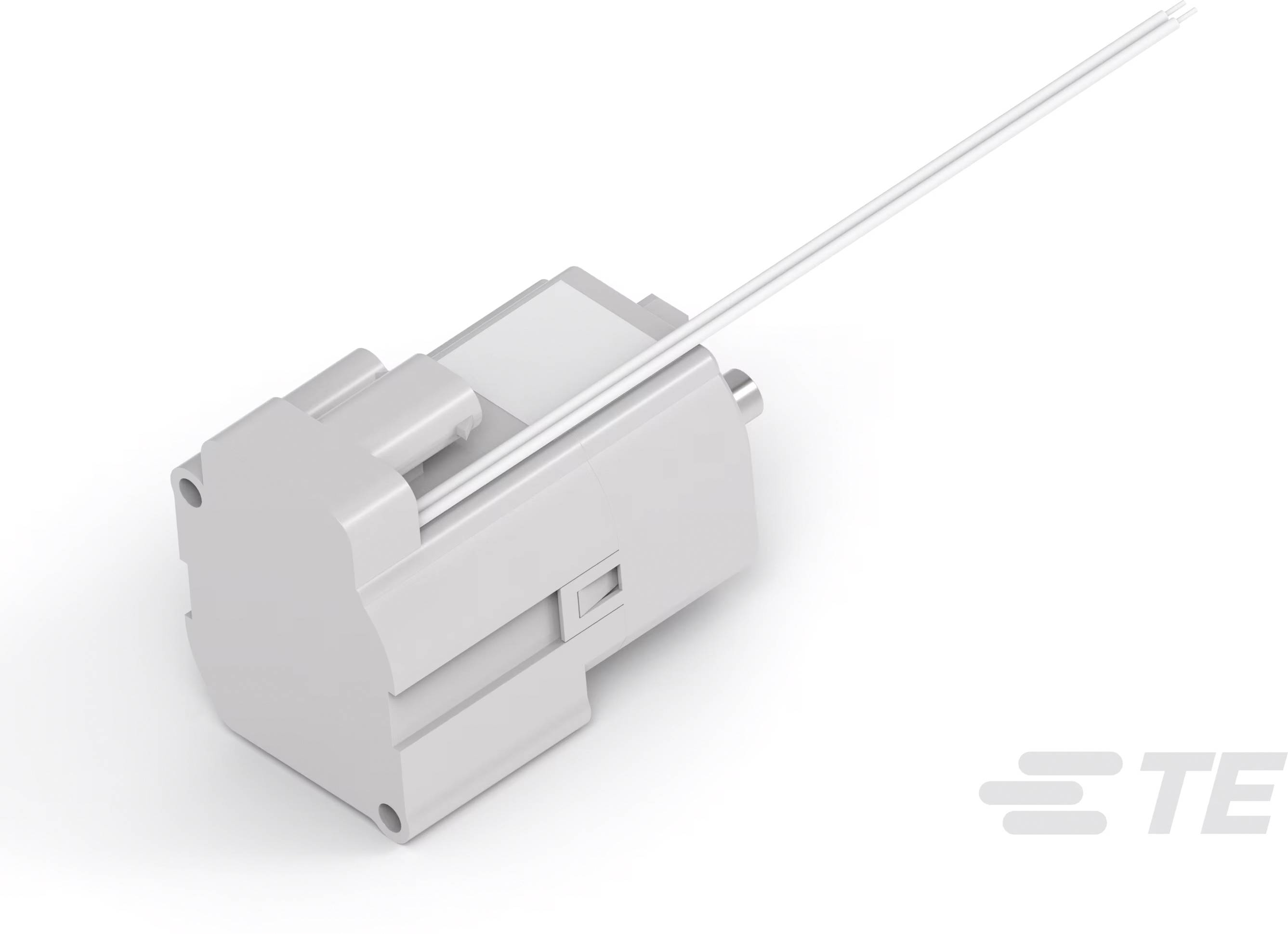 Šedá, obdélníková elektrická součástka s dlouhými kovovými kolíky, která slouží jako připojovací konektor.