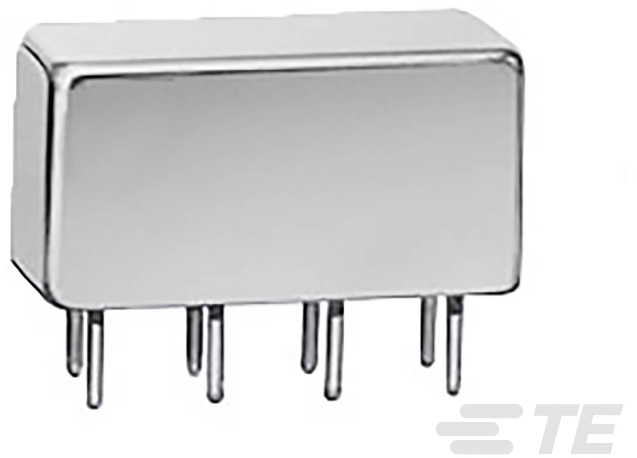 Obdélníkový kovový díl s několika kolíky vyčnívá dolů. V pozadí je vidět logo 'TE'.