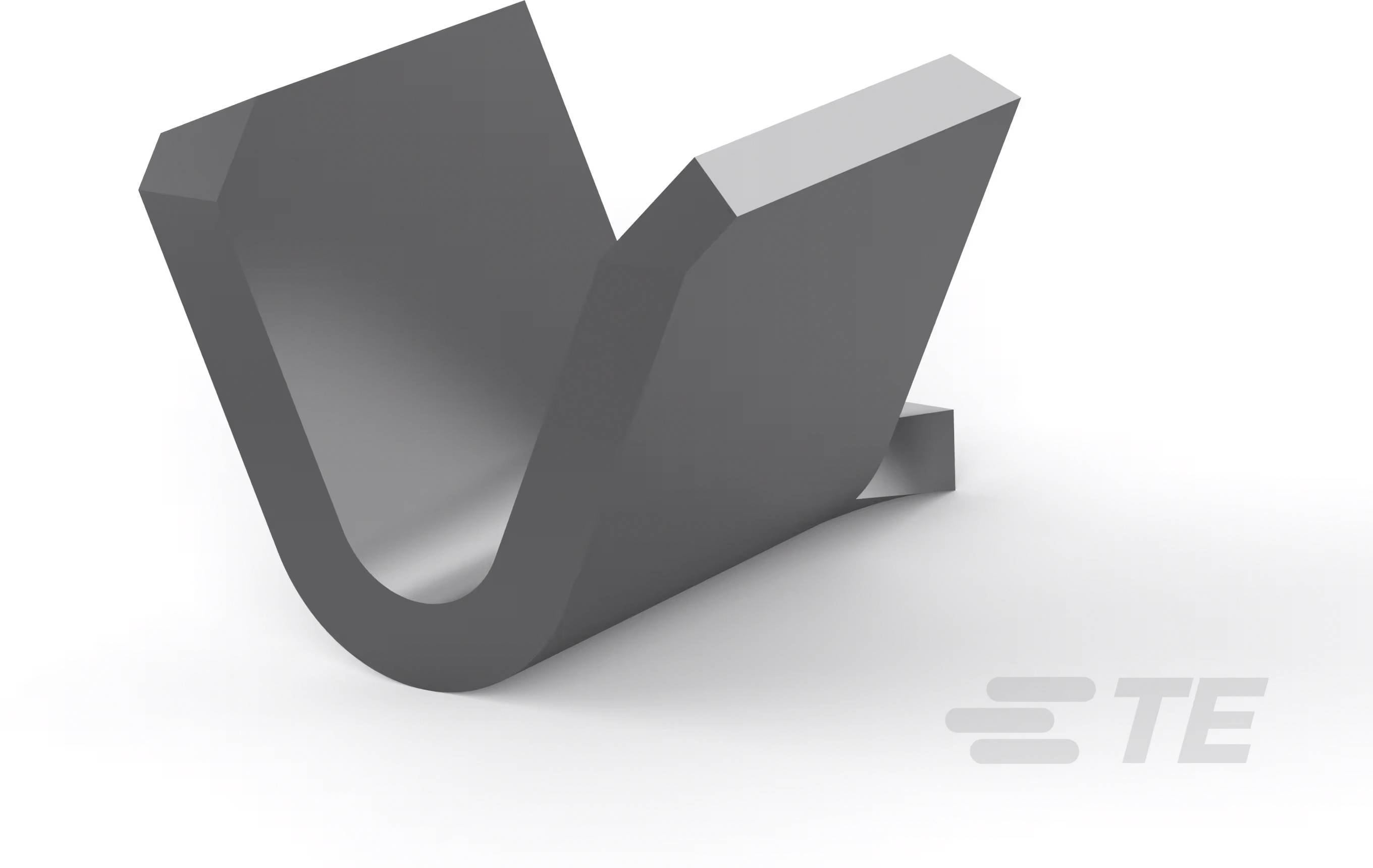Šedý kovový díl ve tvaru U s ohnutým koncem, v pravém dolním rohu zobrazuje logo 'TE'.