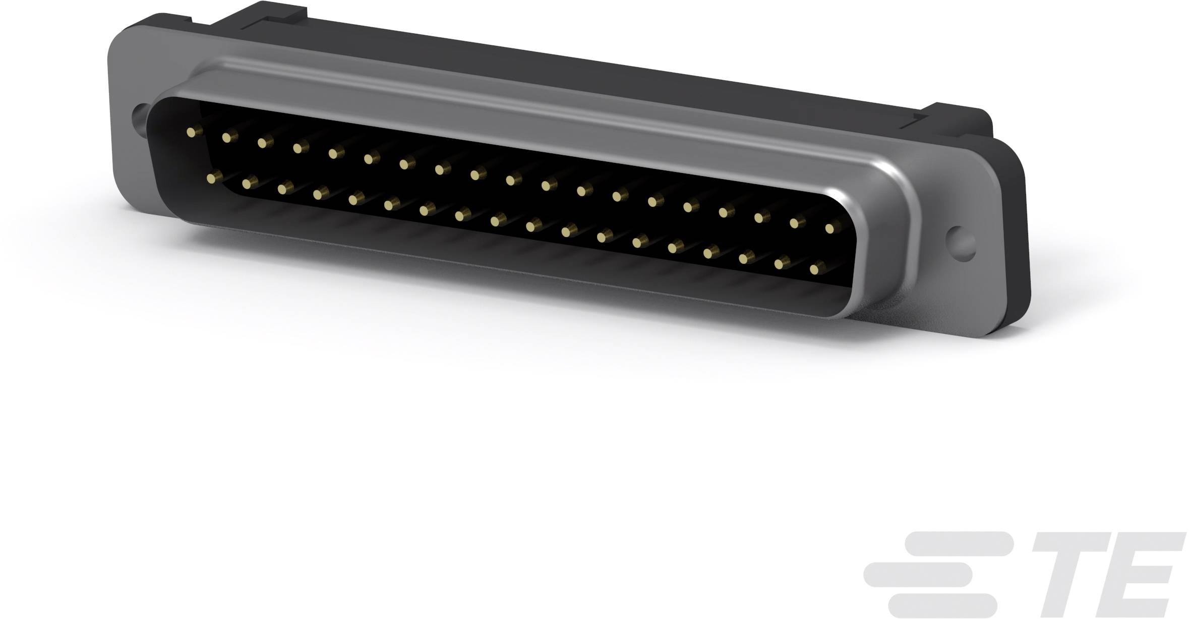 Obdélníkový vícepólový konektor s početným množstvím zlatých kontaktních pinů, používaný pro elektronická propojení. Logo značky vpravo dole.