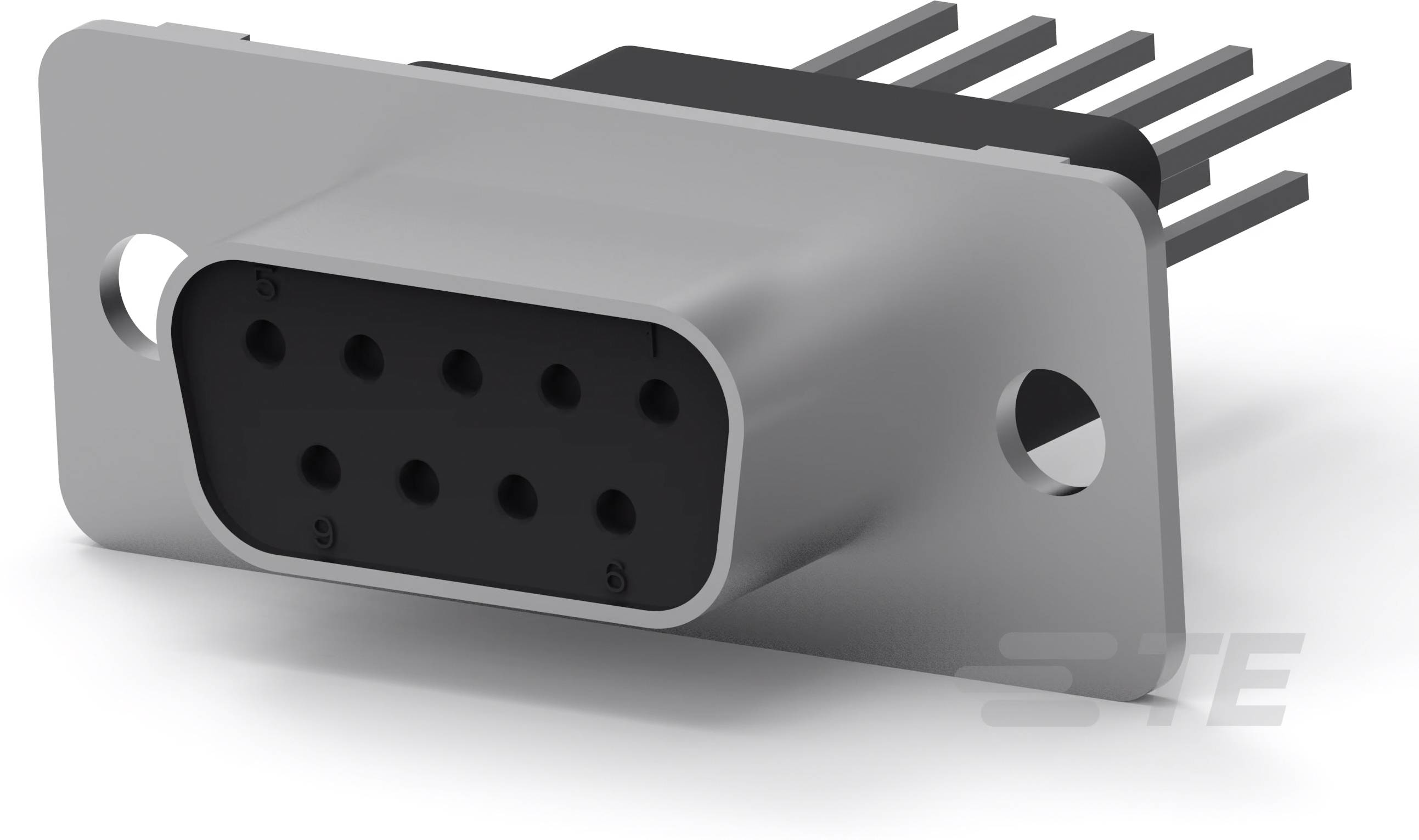 Devítipinový D-Sub konektor s kovovým pouzdrem, dvěma upevňovacími otvory a viditelnými připojovacími kontakty, určený pro elektronické propojení.
