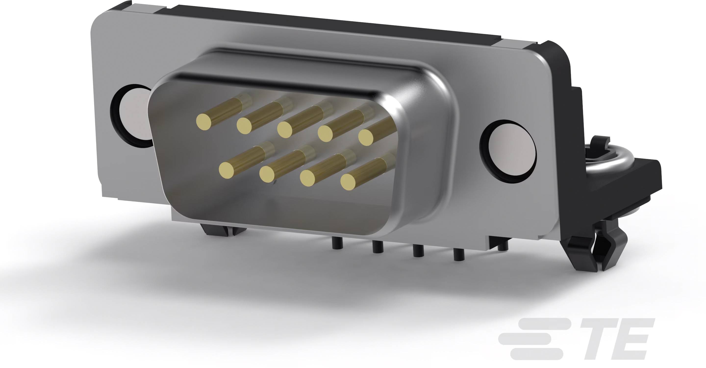 D-Sub konektor s 9 zlatými kolíky, s bočními montážními sponami a logem TE. Ideální pro elektronické připojení a zařízení.