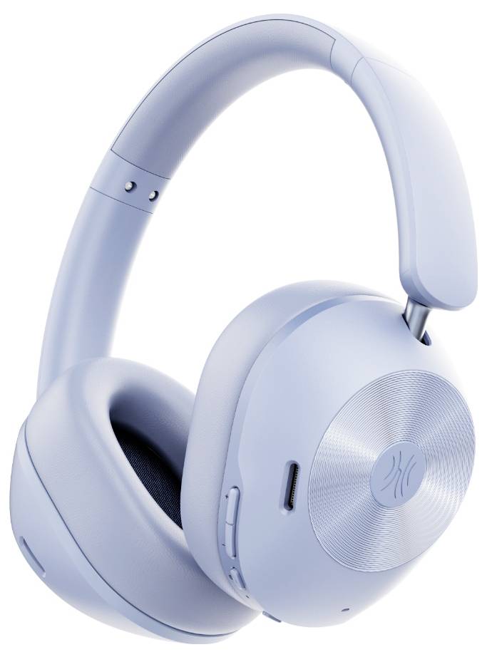 Světle modré sluchátka Over-Ear s polstrovanými mušlemi, flexibilním obloukem a ovládacím prvkem na pravé straně.