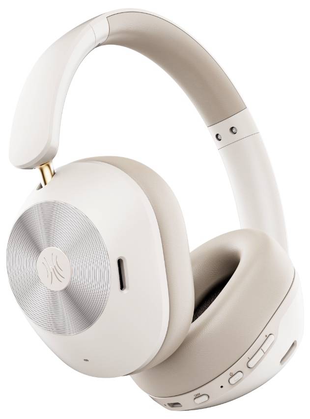 Bílé over-ear sluchátka se stříbrným akcentem, otočnými mušlemi a viditelnými ovládacími tlačítky na straně.