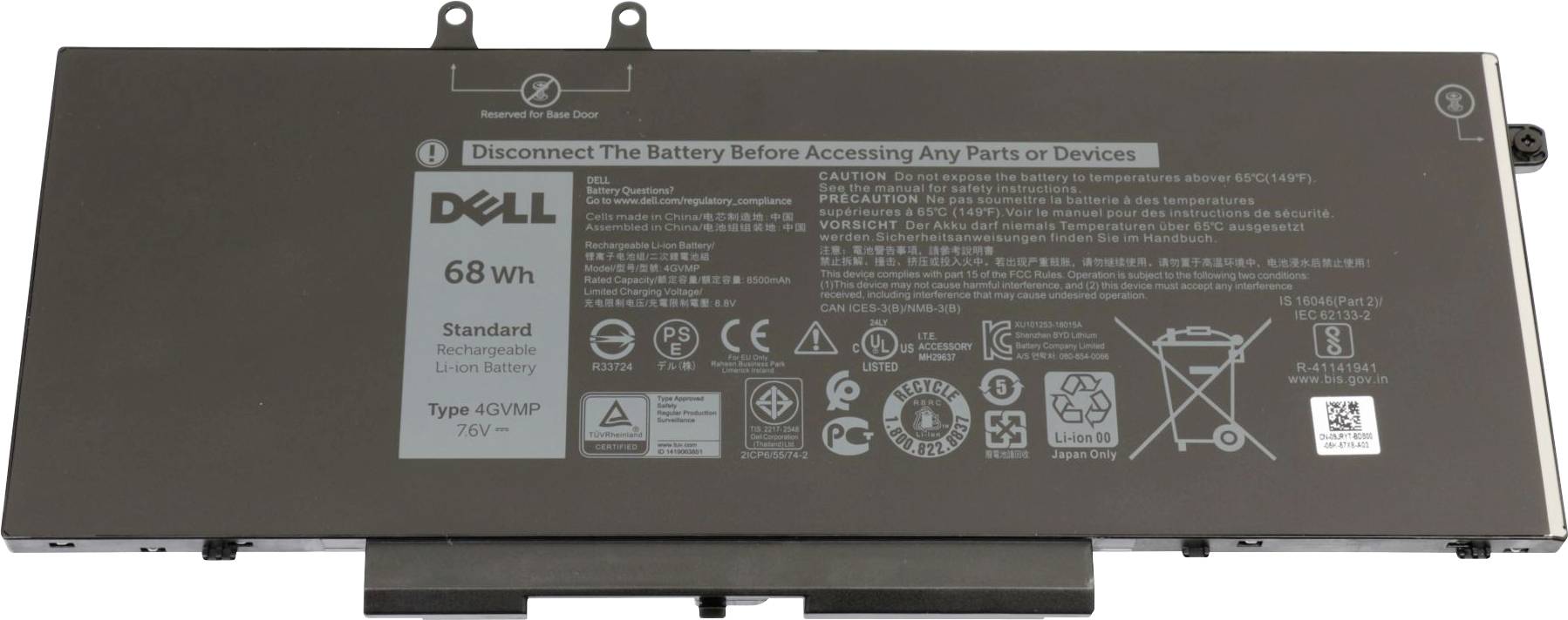 Baterie Dell, 68 Wh, 7,6 V. Varování a symboly bezpečnosti a likvidace. Typ: 4GVGH, standardní lithium-iontová baterie.