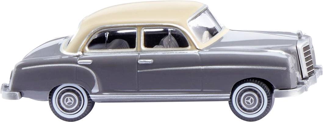 Model klasického šedého automobilu se světle béžovou střechou, detailní pohled z boku.