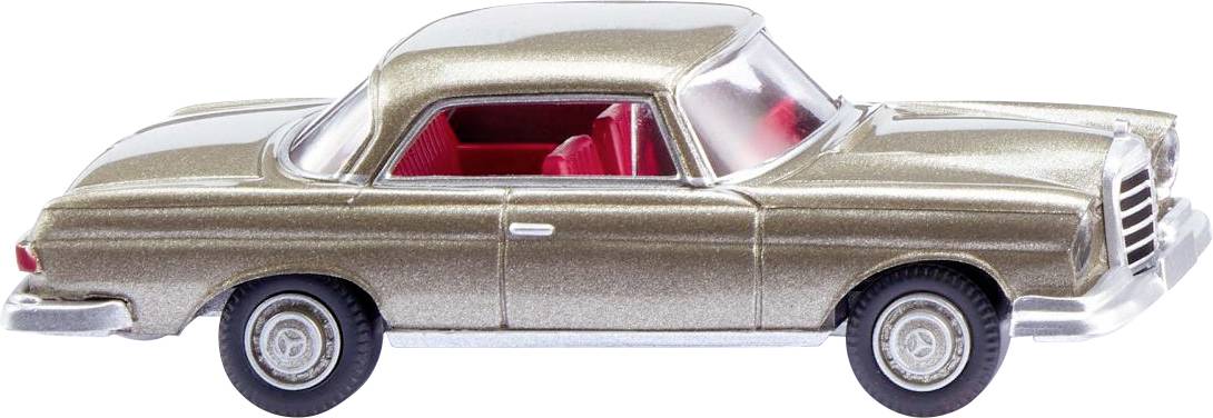 Model auta v metalicky hnědé barvě s červenými sedadly uvnitř. Má klasický, nostalgický design.