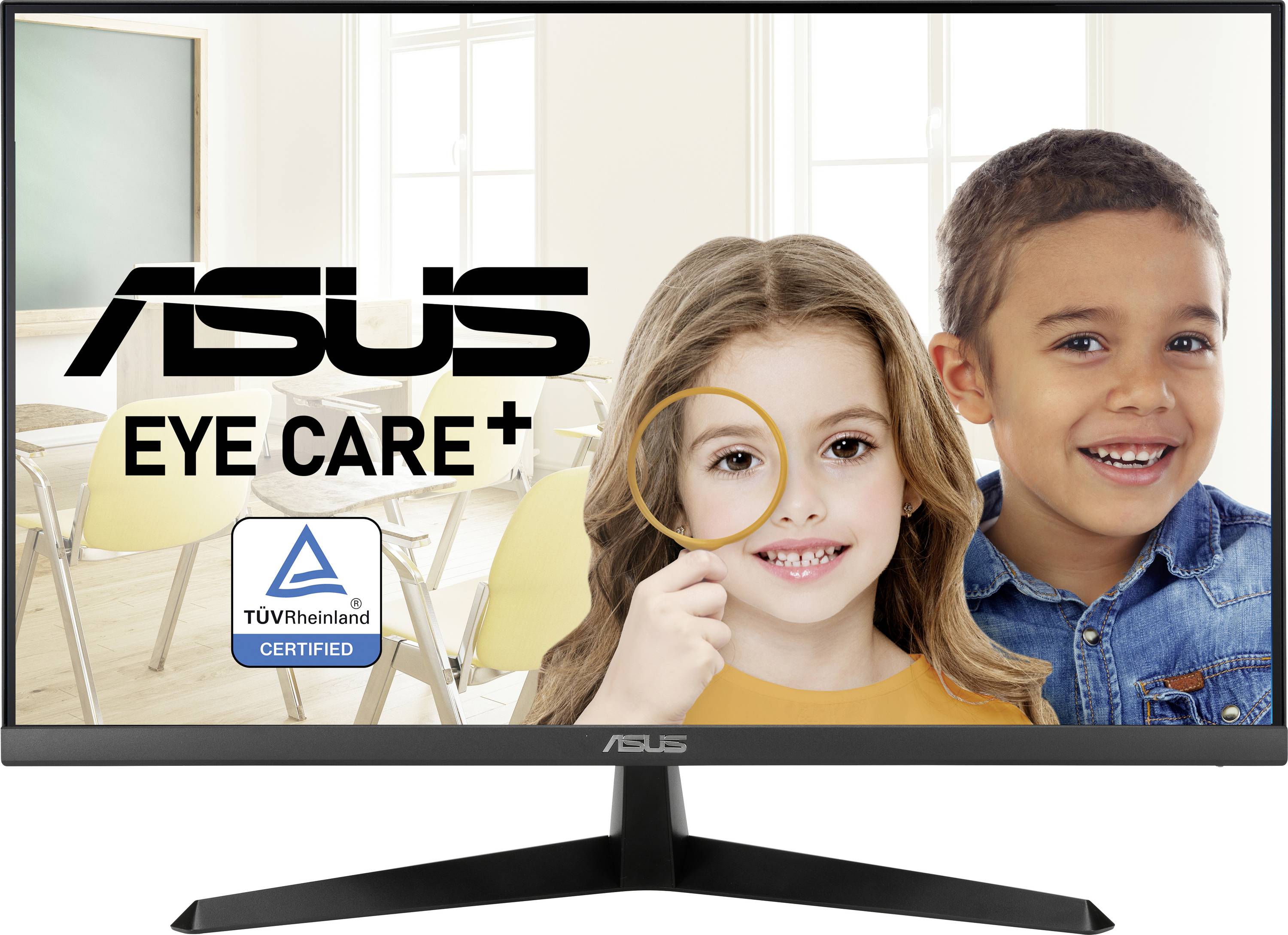 Počítačový monitor s nápisem 'ASUS EYE CARE +'. V pozadí jsou dva se usmívající děti ve třídě.