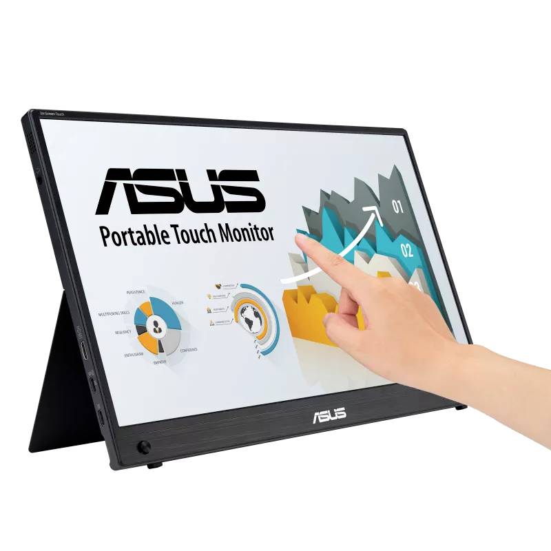 Přenosný dotykový monitor ASUS je ovládán jednou rukou. Na obrazovce jsou vidět diagram a šipky znázorňující interaktivitu.