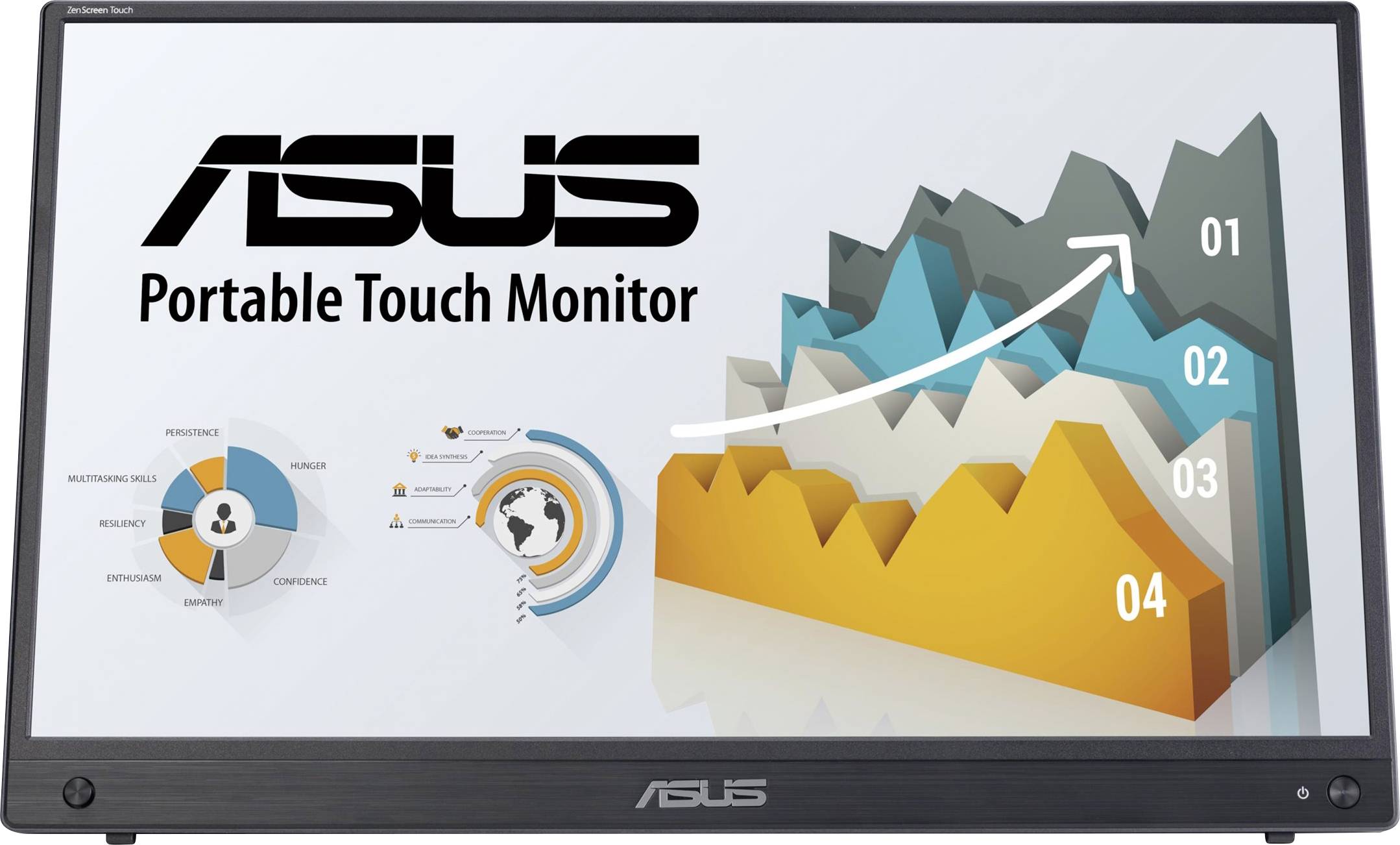 Přenosný dotykový monitor Asus zobrazuje diagram s trojrozměrně zobrazenými datovými řadami, šipka ukazuje stoupající tendenci.
