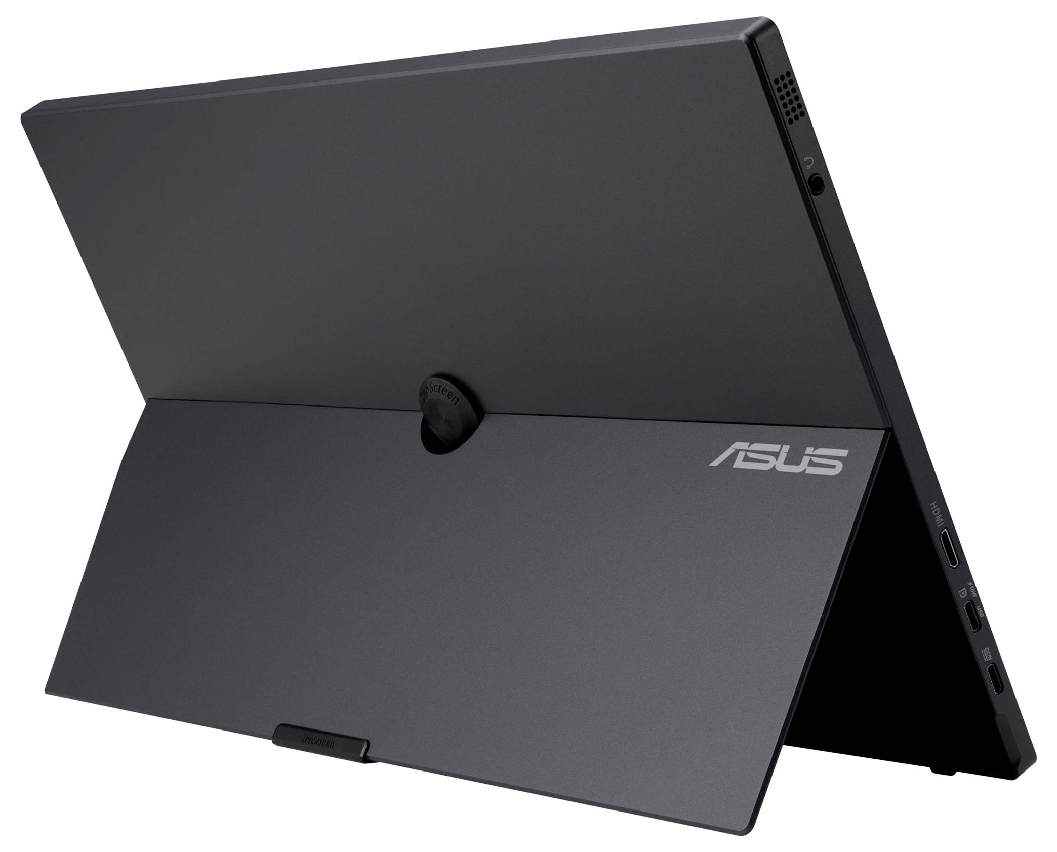 Černý monitor z profilu s výklopným stojanem. Viditelné porty: HDMI, dva USB-C porty a audio výstup.