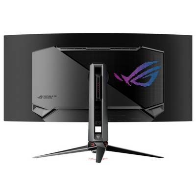 Zadní pohled zakřiveného herního monitoru s velkým stojanem, RGB podsvícením a důrazem na charakteristický design skříně.