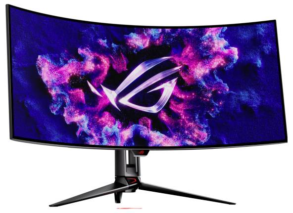 Zahnutý herní monitor s osvětleným, futuristickým designem na obrazovce. Na displeji je viditelné velké, zářící logo v růžové a modré barvě.