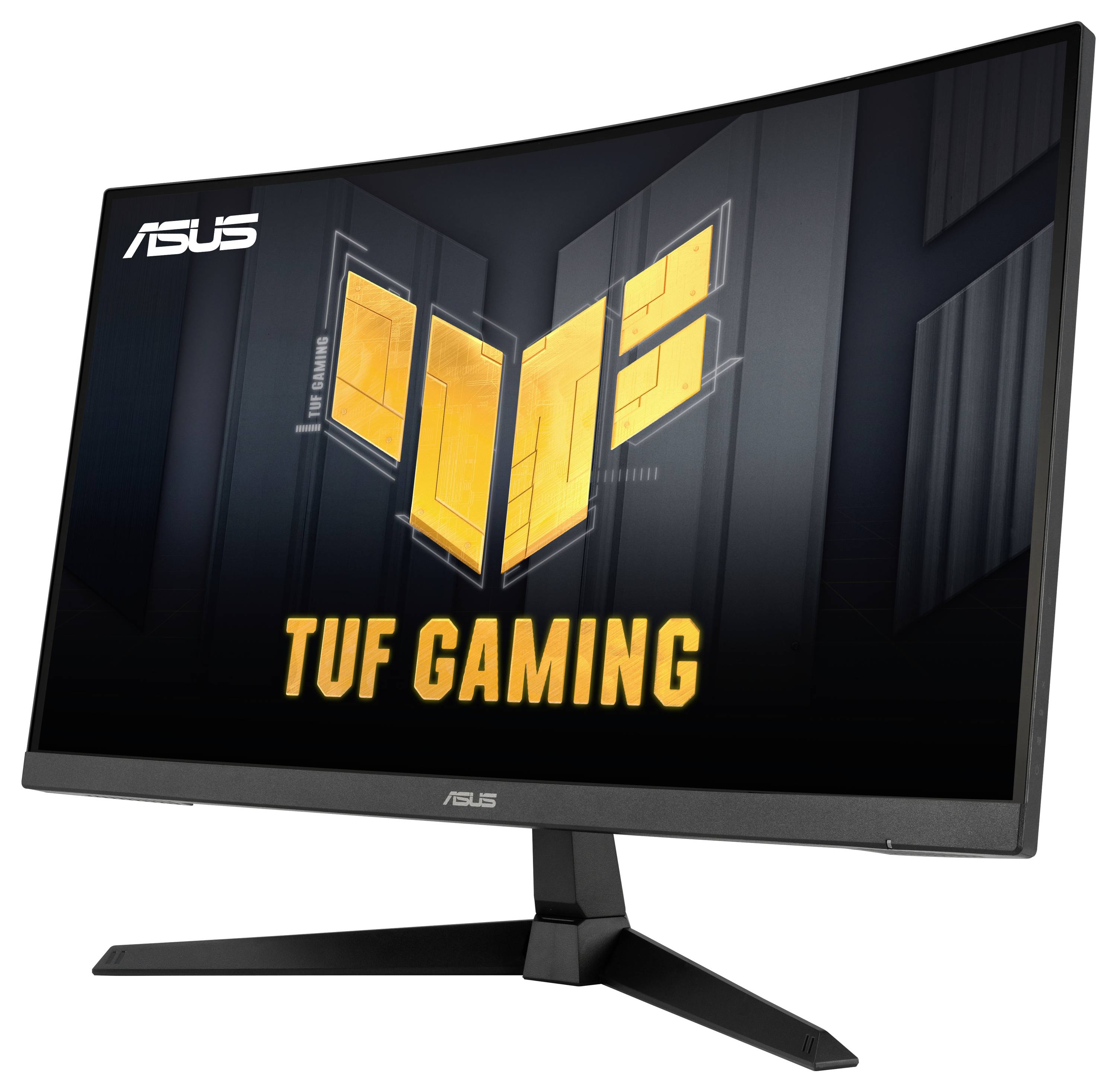 ASUS TUF herní monitor s zakřivenou obrazovkou a výrazným logem uprostřed, vhodný pro intenzivní hraní her.