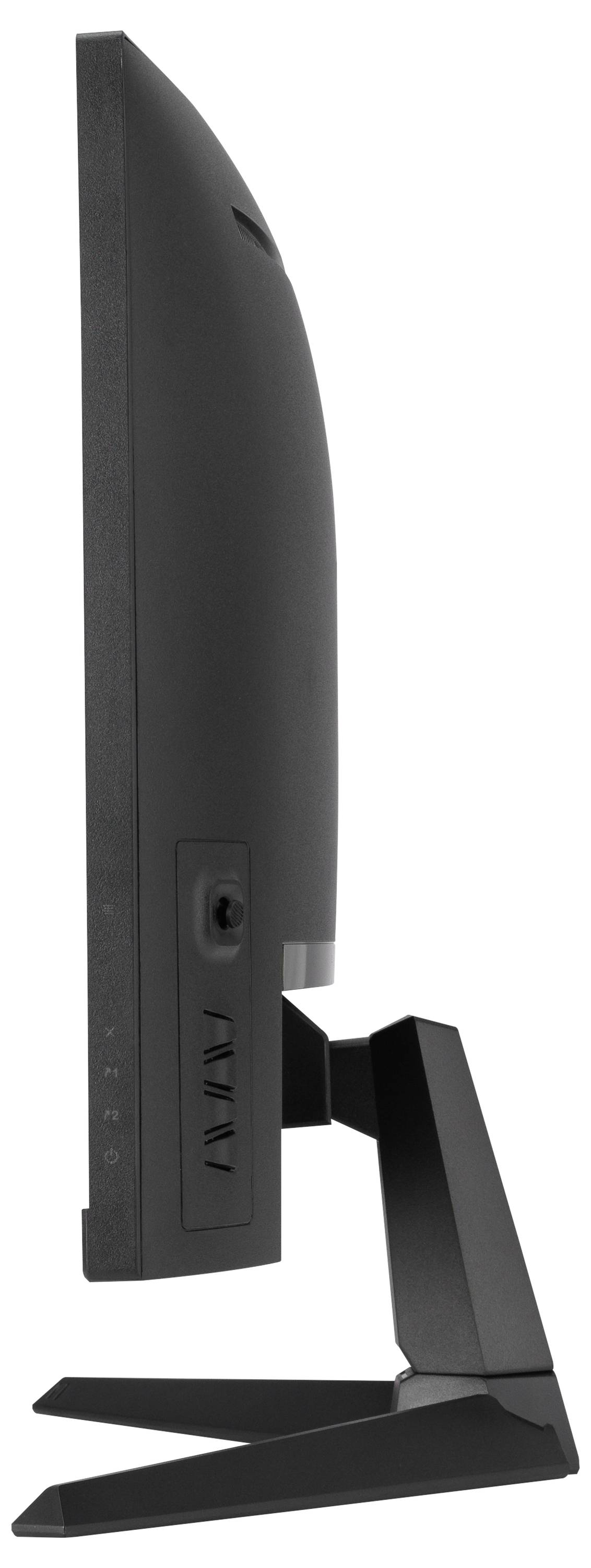 Boční pohled na černý počítačový monitor s elegantním designem a černým stojanem.