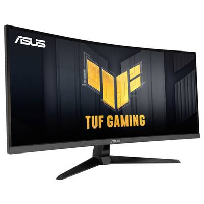 Zakřivený herní monitor ASUS TUF Gaming. Logo a nápis 'TUF Gaming' viditelné na displeji.